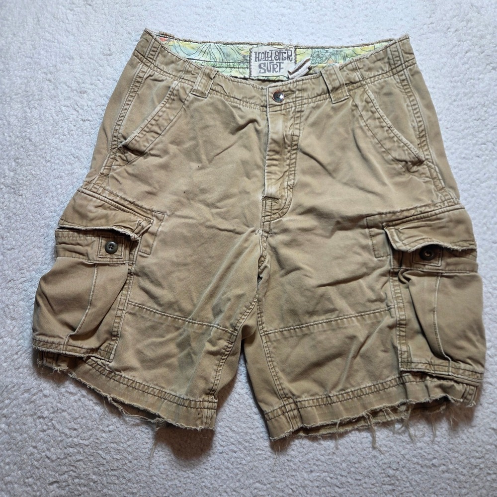Y2K Hollister Cargo Shorts Mens 33 Tan Distressed Raw Hem Outdoor Gorpcore Surf